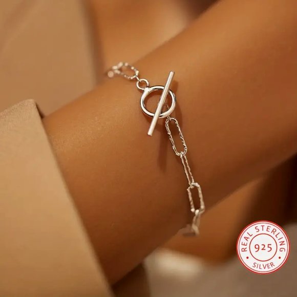 Elegant Minimalist Mosaic Chain With OT Buckle • Sterling 925 Silver Bracelet - Picture 1 of 4